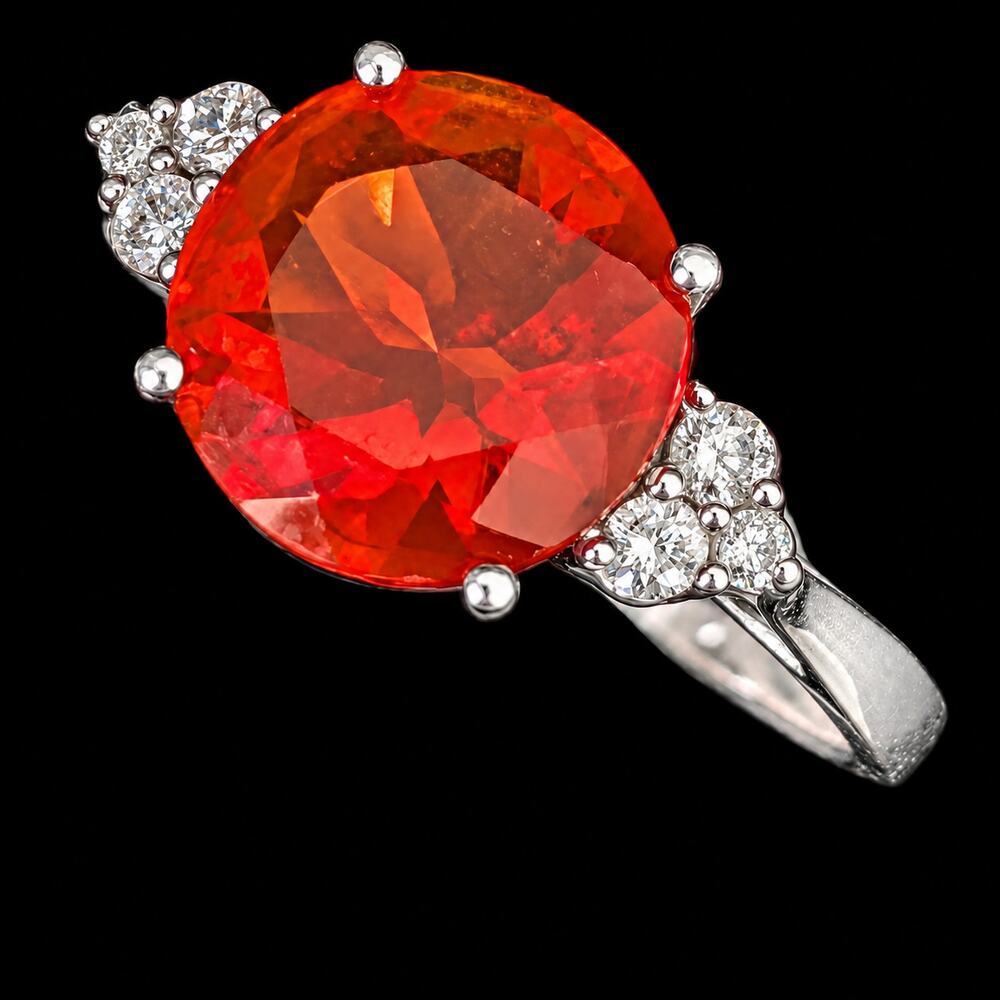 Estate Fire Opal Diamonds 14k White Gold Ring Orange Cocktail Statement Gift